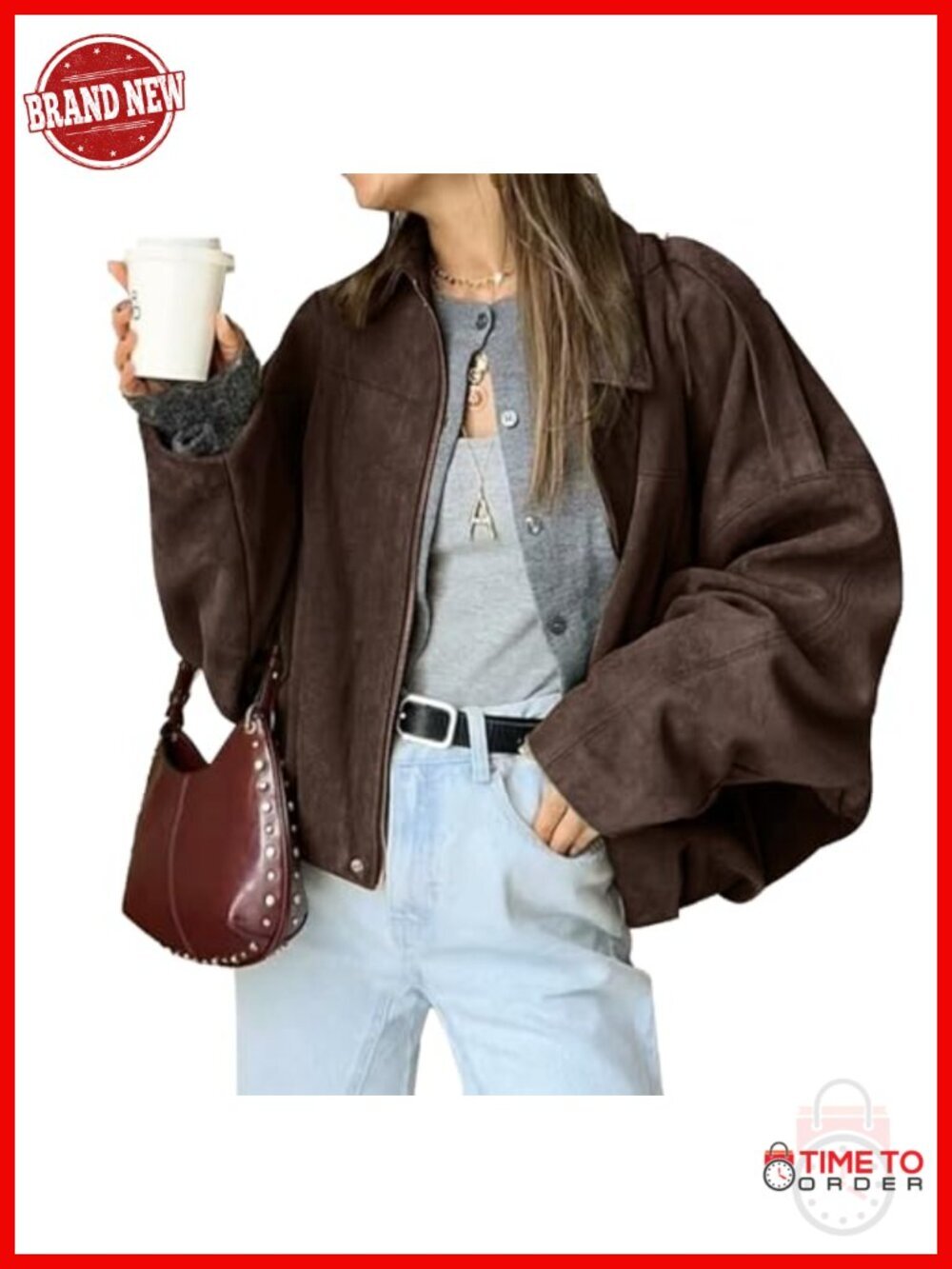 Faux Suede Bomber Jacket Zipper Pilot Coat Casual Oversized Long Sleeves Y2K